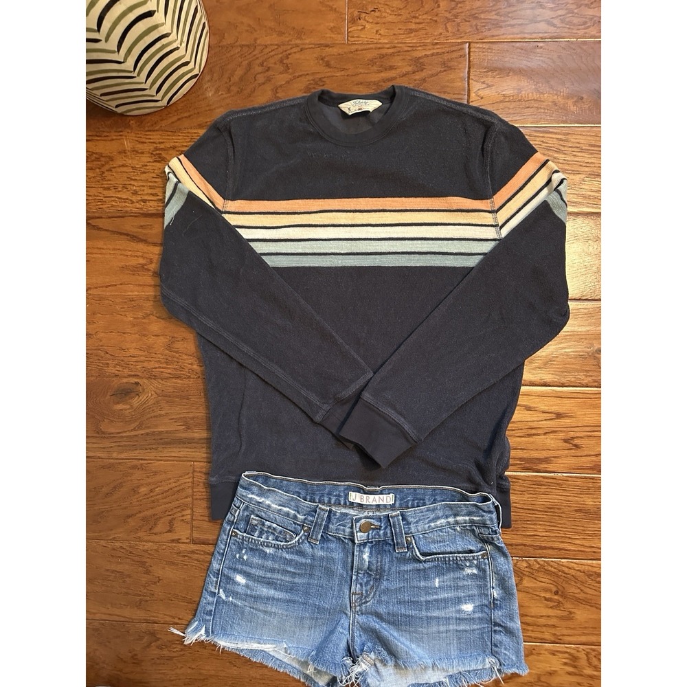 Faherty Womens M Sun & Waves Beach Club Terry Sweatshirt Retro Stripe Slate